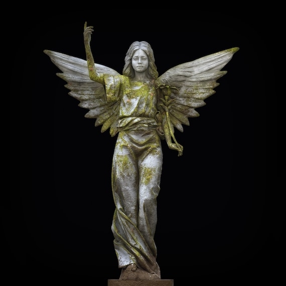 Life Sized Mossy Angel Garden Statue with Raised Arm