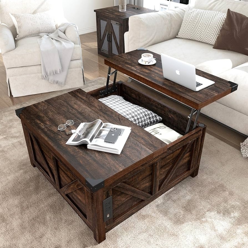 Lift Top Coffee Table featuring Charging Station: Farmhouse Style