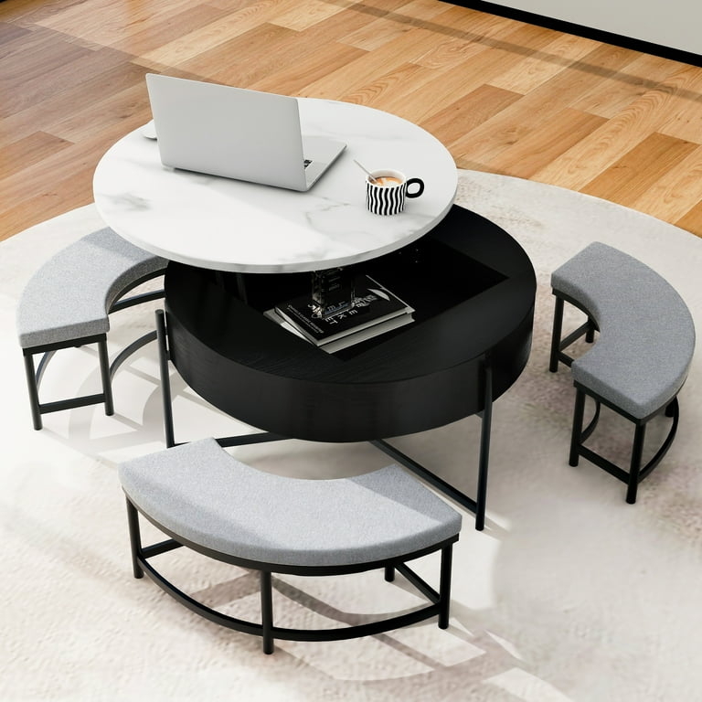 Lift-Top Coffee Table Set, Marble Pattern, Hidden Storage, Nesting Stools