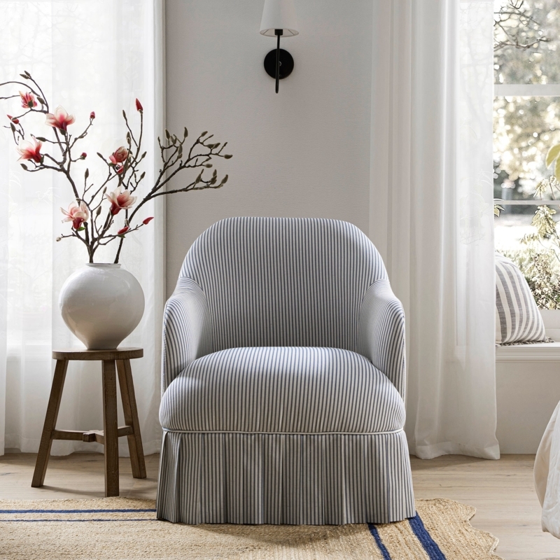 Light Blue Pinstripe Accent Chair, Pleated Skirt, Barrel Back