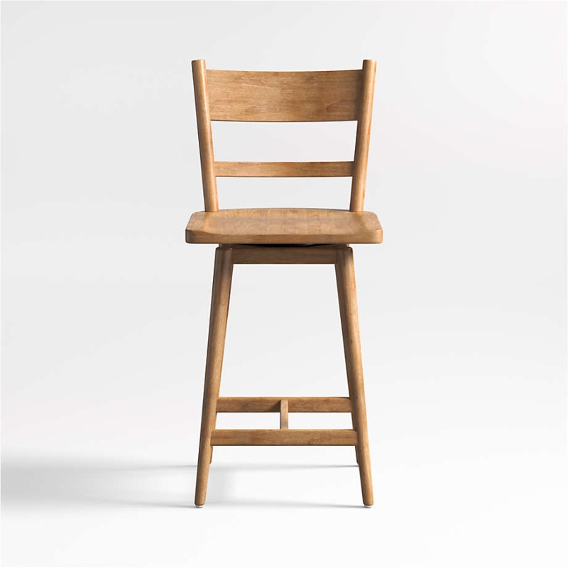 Light Brown Wood Swivel Stool with Slatted Back and Tapered Legs