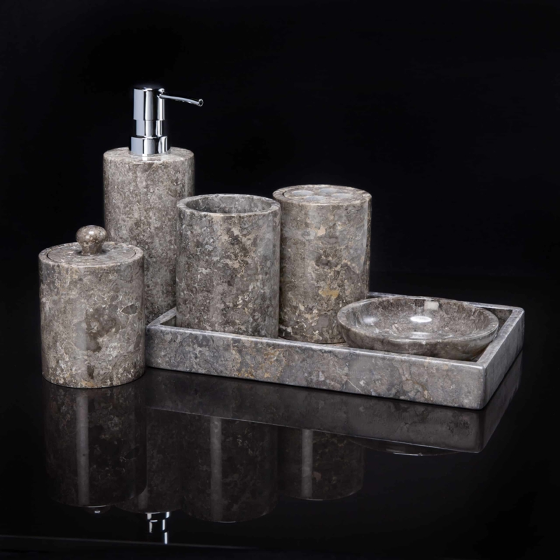 Light Gray Bathroom Set with Mottled Finish and Vanity Tray