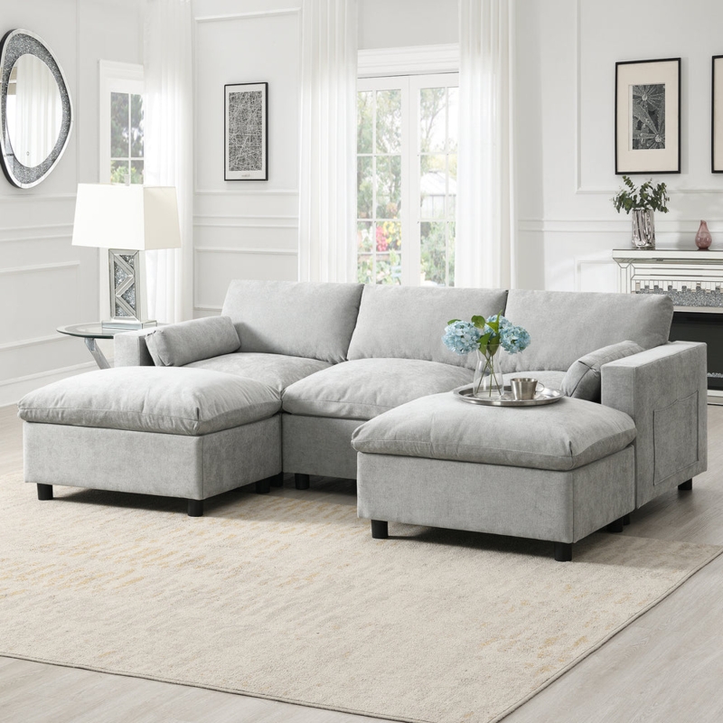 Light Gray Chenille Modular Sectional Sofa with Side Storage Pockets