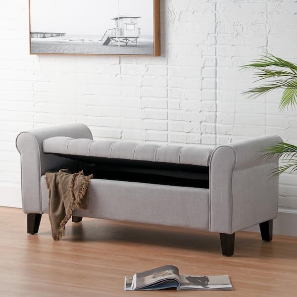 Light Gray Storage Bench with Grid Tufting and Espresso Toned Legs