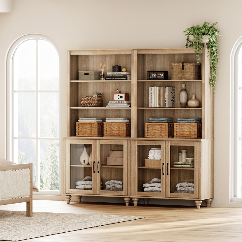 Light Oak Bookcase Set with Glass Doors and Five Tier Shelving