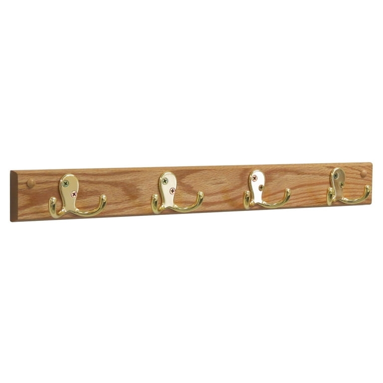 Light Oak Coat Rail, Brass Double Hooks. Traditional entryway organizer.