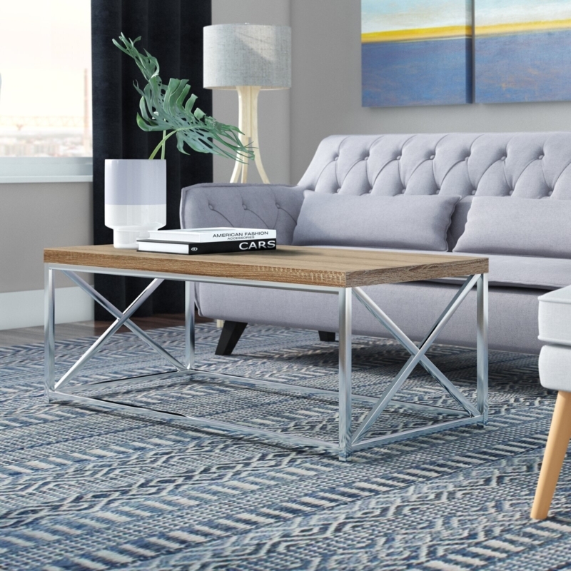 Light Oak Coffee Table on Open Polished Chrome X-Frame Base