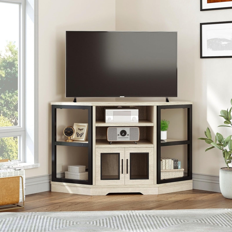 Light Oak Corner TV Stand featuring Angled Back Design and Mesh Doors