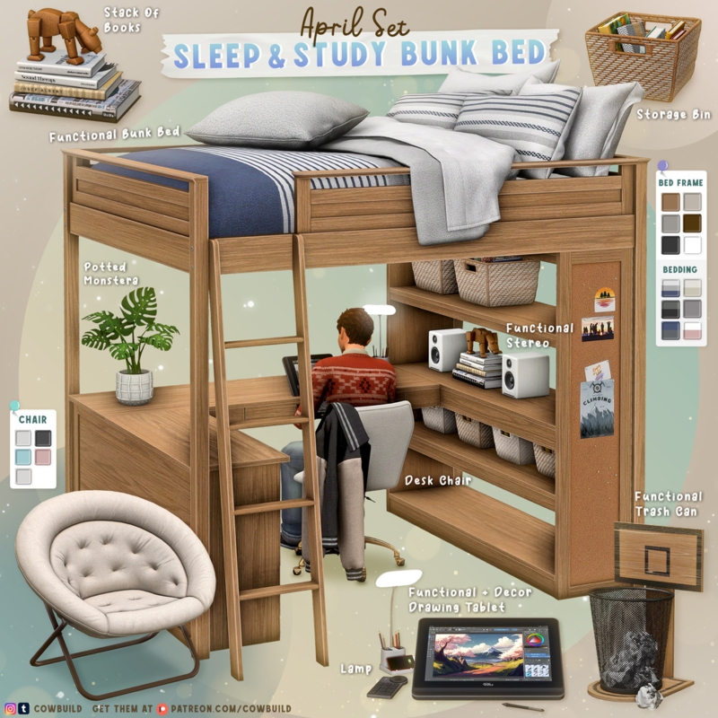 Light Oak Loft Bunk Bed Set with Integrated Desk and Tufted Seat