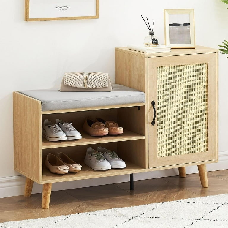 Light Oak Shoe Storage Bench Woven Rattan Door Asymmetric Entryway
