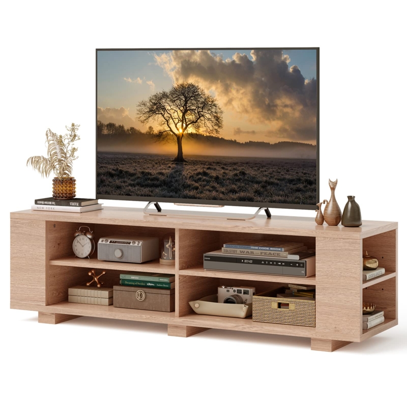 Light Oak TV Console, Eight Compartments, Side Storage Shelving.