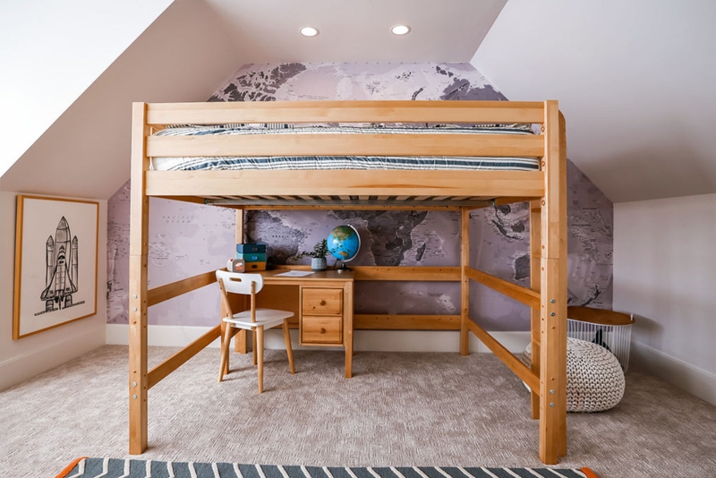 Light Wood Loft Bed with Desk for Sloped Ceiling Rooms