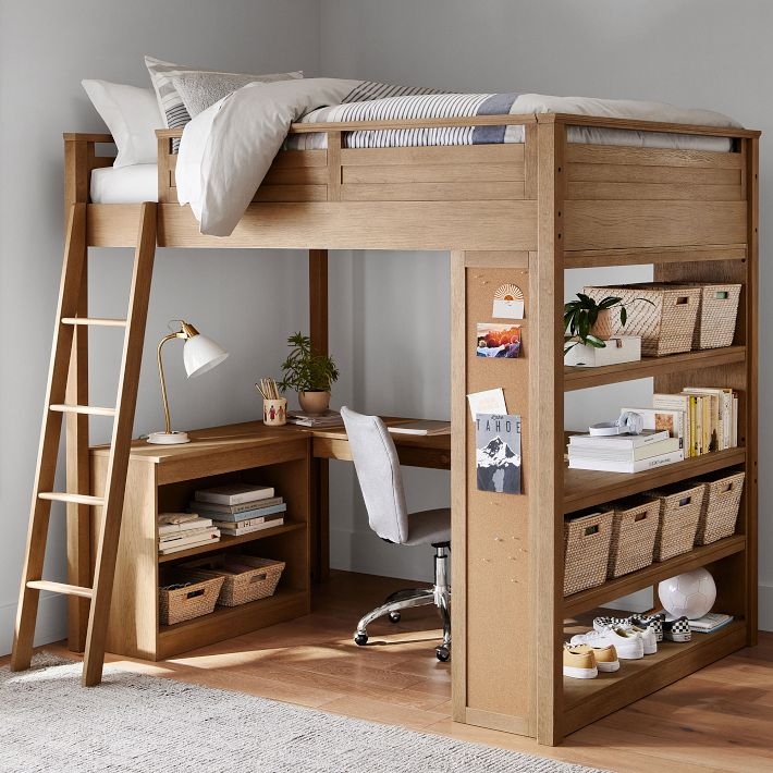 Light Wood Loft Bed with Integrated Corkboard and Shelving for Teen Bedroom