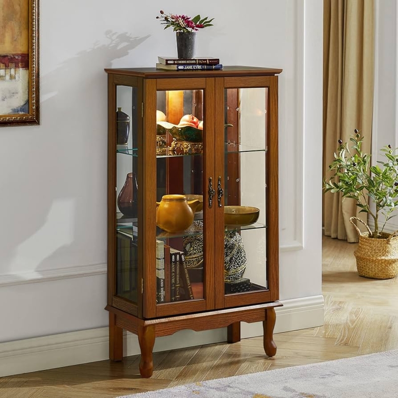 Lighted Curio Cabinet Cabriole Legs Mirrored Back Antique Pulls