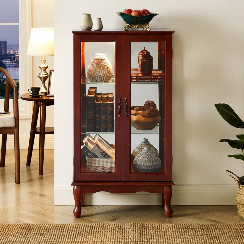 Lighted Curio Cabinet with Mirrored Back and Cabriole Legs