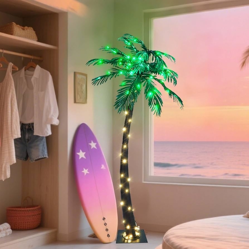 Lighted Palm Tree Curved Trunk with Wrapped Lights and Dual Color LEDs