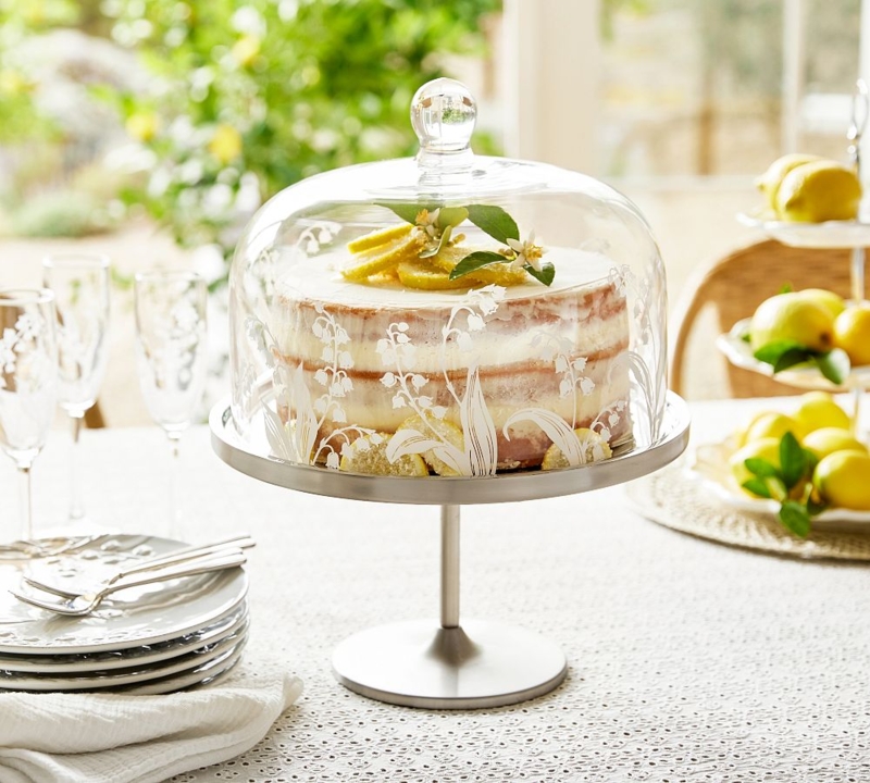 Lily of the Valley Glass Cake Dome on Brushed Silver Pedestal