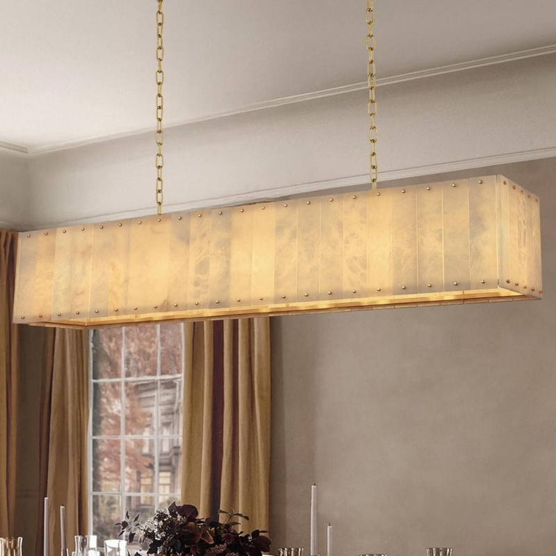Linear Chandelier Alabaster Panels Brushed Brass Riveted Accents