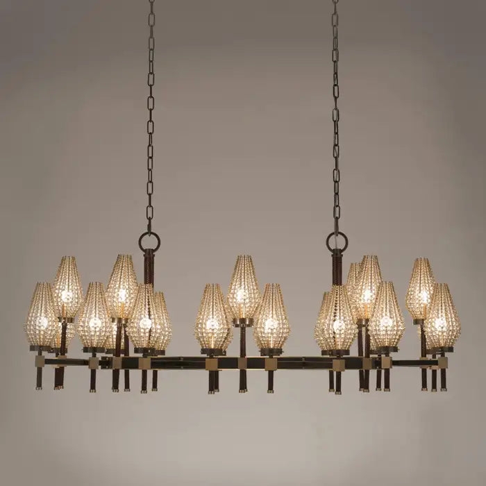 Linear Chandelier Beaded Teardrop Shades Rectangular Frame Eighteen-Light
