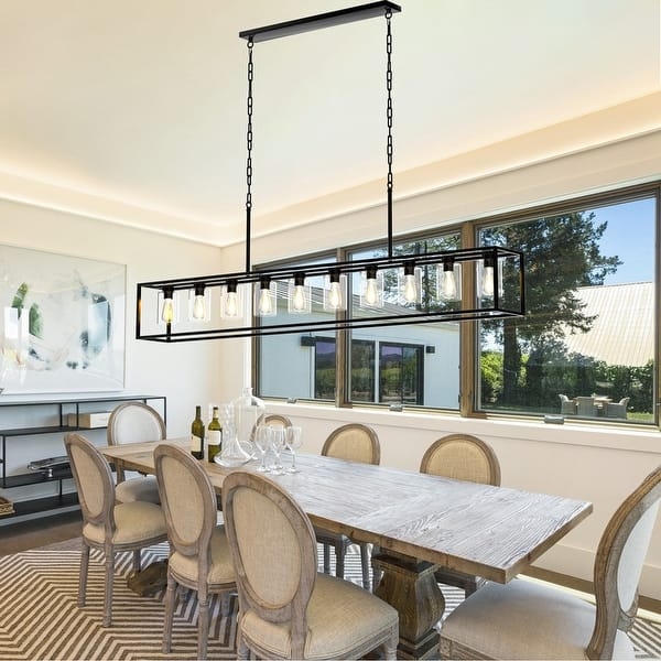 Linear Chandelier Clear Glass Cylinders Metal Frame 10-Light Industrial Farmhouse