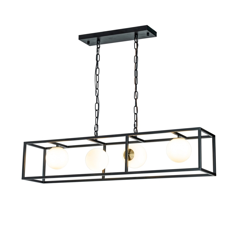 Linear Chandelier Frosted Globes Rectangular Cage Matte Black Industrial Light