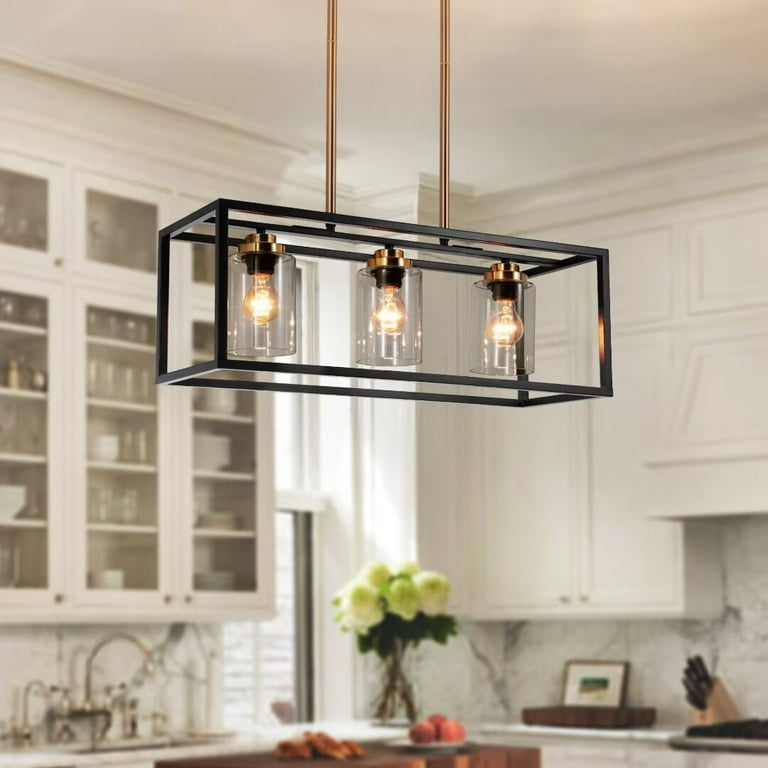 Linear Chandelier Mixed Metal Open Cage Matte Black Industrial Glass Light