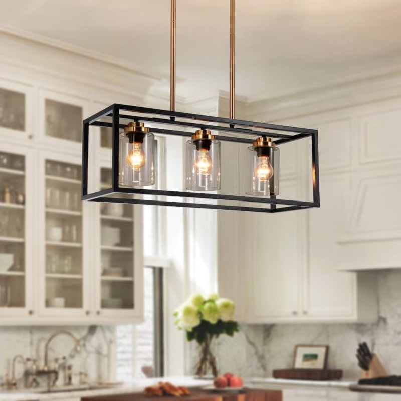 Linear Chandelier, Rectangular Black Cage, Cylindrical Glass, Brass
