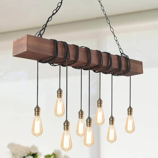 Linear Chandelier, Wrapped Cord Detail, 8-Light Rectangular Wood Beam.