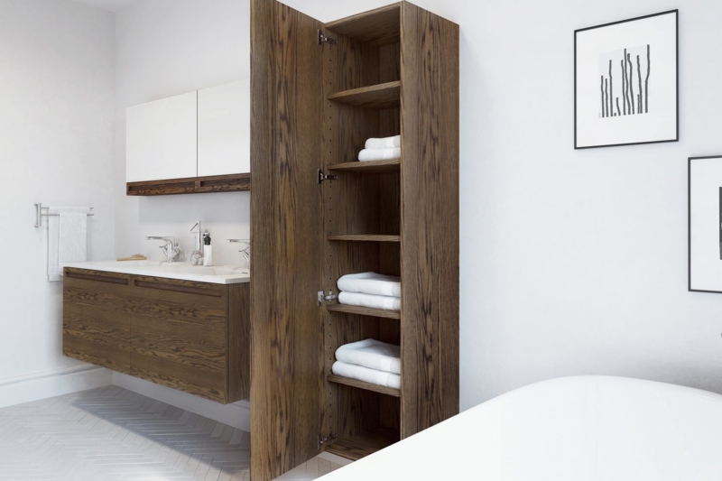Linen Cabinet, Dark Wood Tall Storage with Handleless Doors.