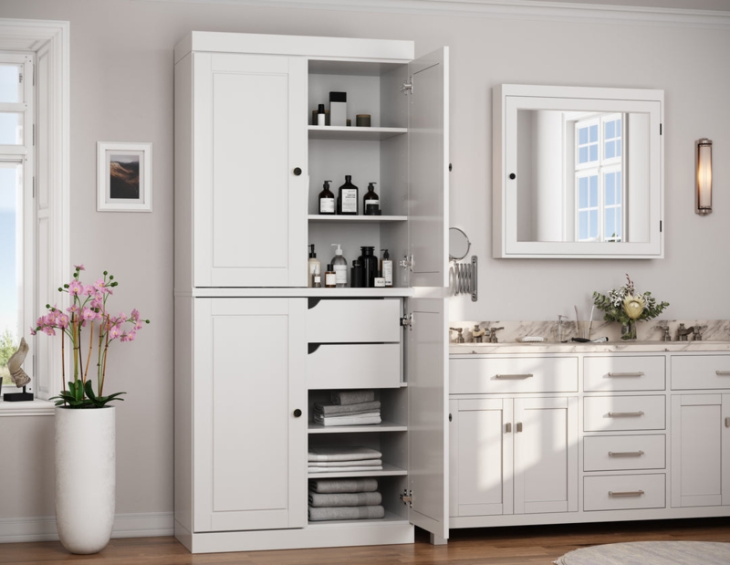 Linen Cabinet Tall White Solid Wood with Raised Panel Doors & Drawers