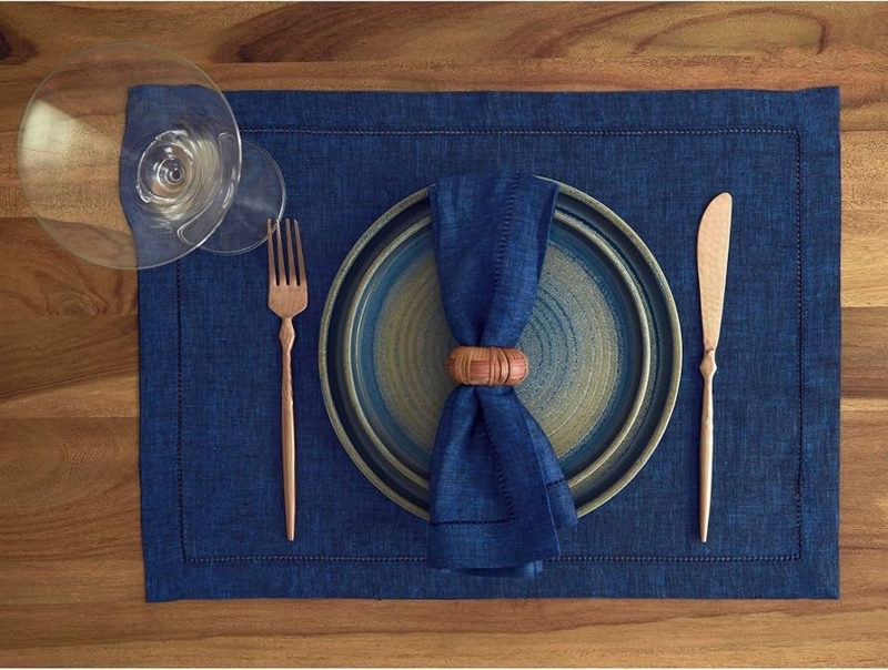 Linen Placemat Hemstitch Border Woven Textile Rustic Elegant Dining