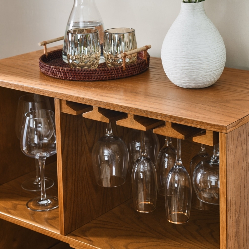 Liquor Cabinet Honey Oak Wood Grain Finish Integrated Glass Rack