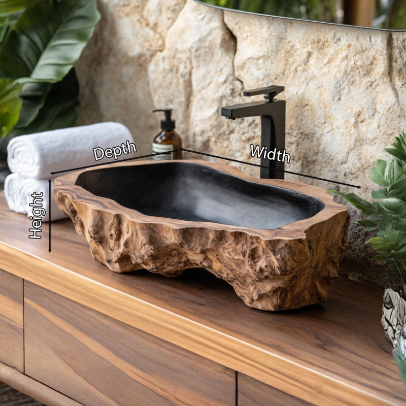 Live Edge Rustic Wooden Vessel Sink with Black Interior Basin