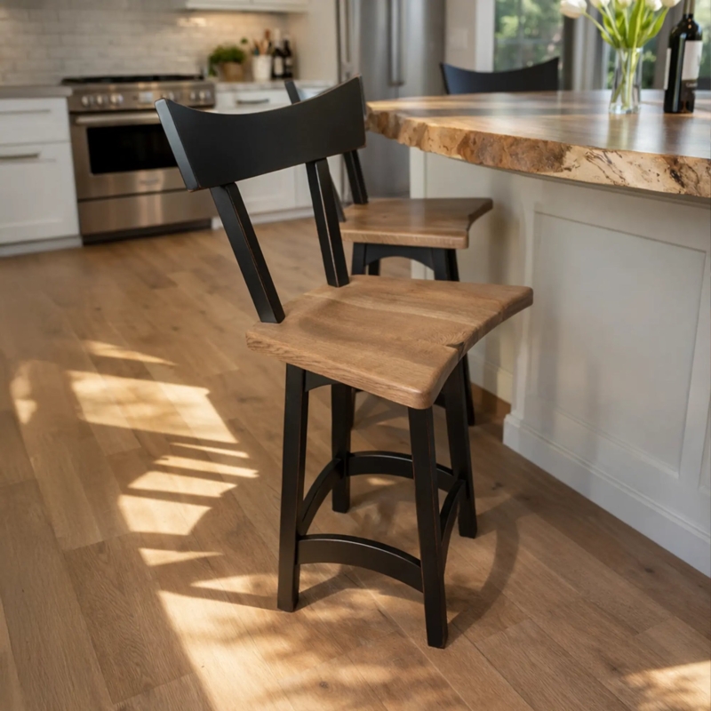 Live Edge Swivel Bar Stool with Curved Crest Back and Black Frame
