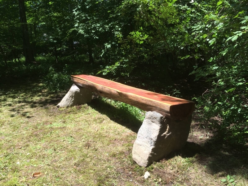 Live Edge Wood Bench: Rock Base, Thick Timber Slab.