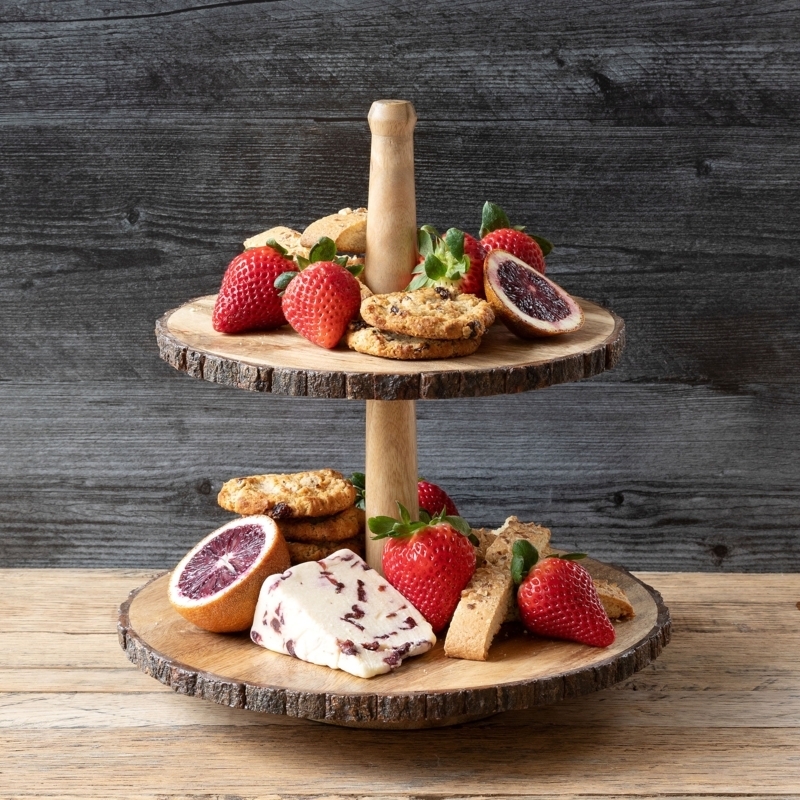 Live Edge Wood Platter, Two-Tiered Stand with Natural Bark Edges