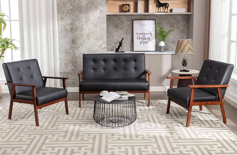 Living Room Furniture Set Tufted Backrest Wooden Arms Black Mid Century