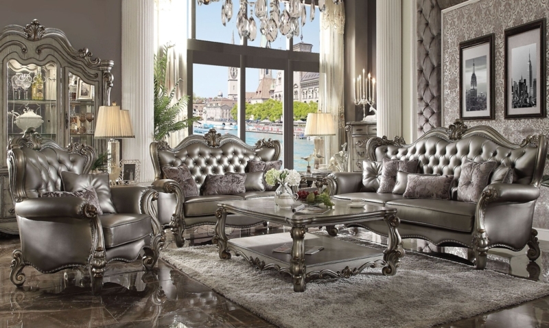 Living Room Set Antique Silver Finish Deep Button Tufting