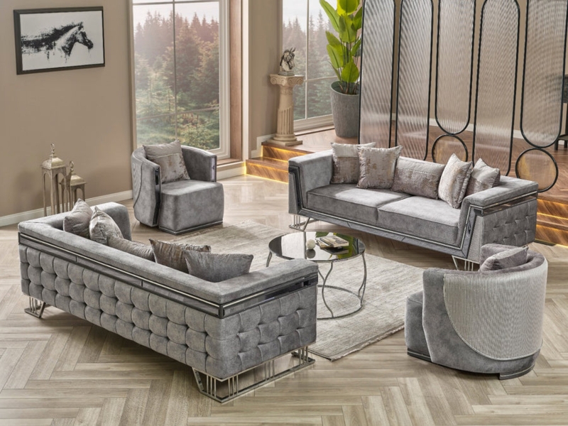 Living Room Set Architectural Metal Legs Grid Tufted