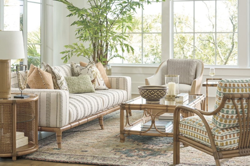 Living Room Set: Bamboo Style Sofa, Rattan Cane, Tropical Patterns