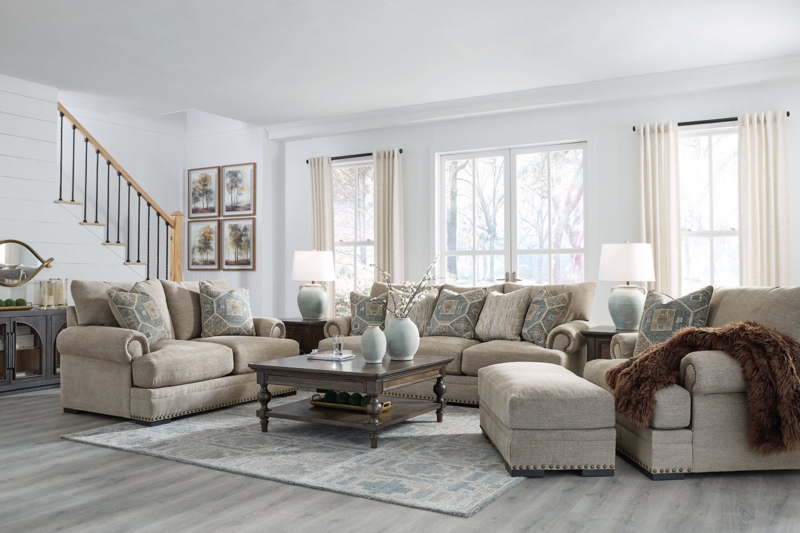 Living Room Set Bun Feet Nailhead Trim Rolled Arms Beige Transitional
