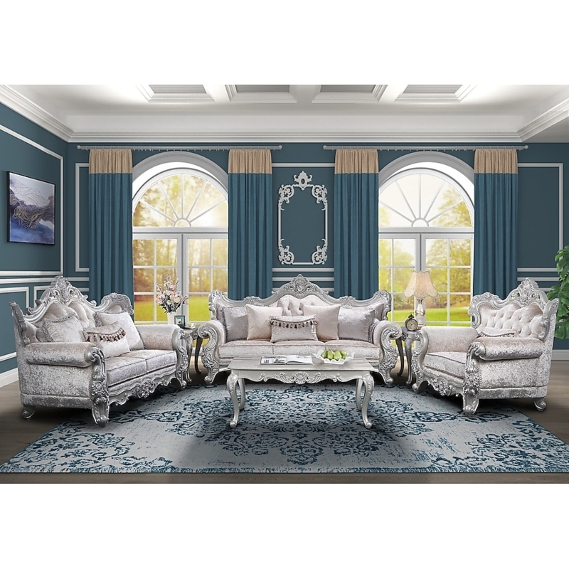 Living Room Set Carved Silver Frame Tufted Velvet