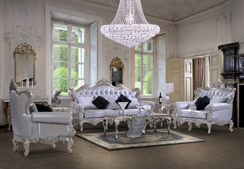 Living Room Set Elaborate Crown Carvings Silver Metallic