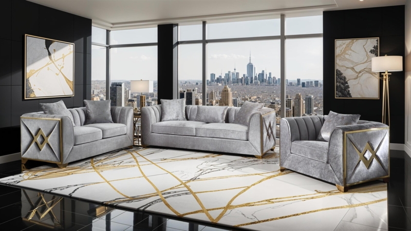 Living Room Set Geometric Gold Sides Silver Channel Tufting