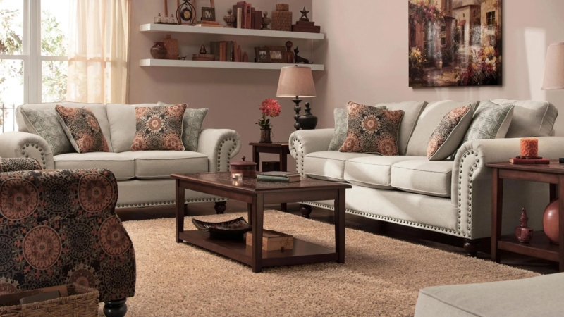 Living Room Set Mandala Pattern Nailhead Trim Rolled Arms Warm Beige