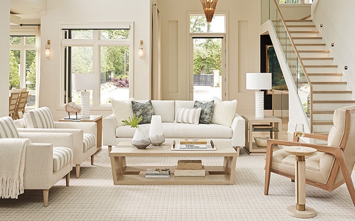 Living Room Set: Monochrome Neutral Palette, Textured Ceramic Lamps
