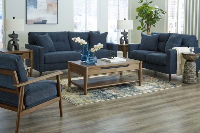 Living Room Set Navy Blue Fabric Exposed Frame Chair Tapered Wood Legs