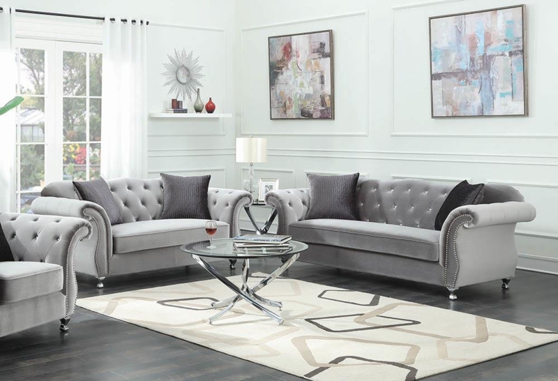 Living Room Set Silver Nailhead Trim Button Tufted Grey