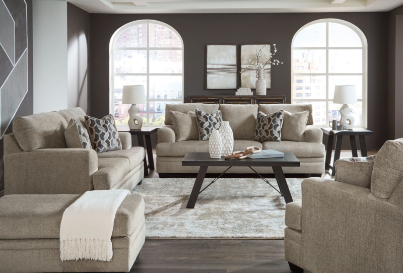 Living Room Set Taupe Woven Fabric Flared Arms Geometric Accent Pillows