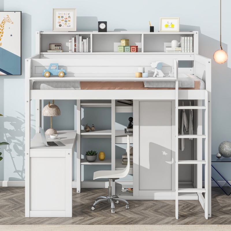 Loft Bed With Integrated Wardrobe And Desk, Scandinavian White Finish